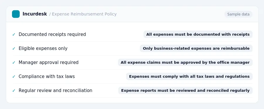Incurdesk expense policy "Expense Reimbursement Policy" with rules such as Documented receipts required (All expenses must be documented with receipts); Eligible expenses only...