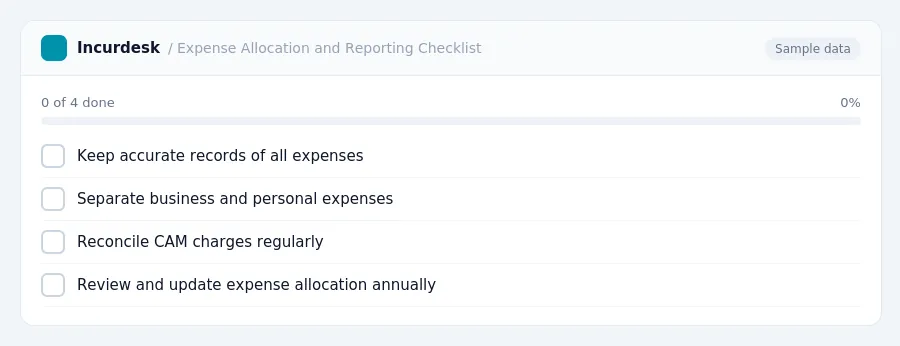 Incurdesk checklist "Expense Allocation and Reporting Checklist": 0 of 4 steps done, including Keep accurate records of all expenses, Separate business and personal expenses,...
