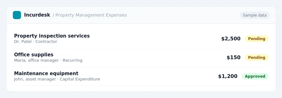 Incurdesk approval queue "Property Management Expenses" showing 3 expenses awaiting review, including Property inspection services (Pending), Office supplies (Pending),...