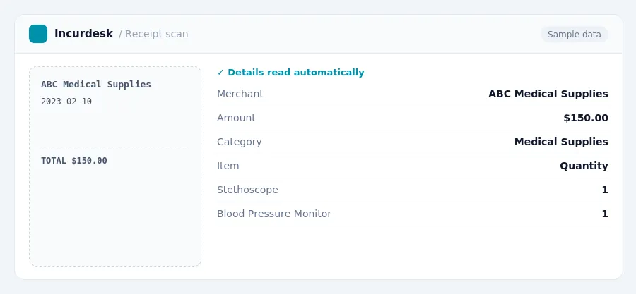 Incurdesk receipt scan of a ABC Medical Supplies receipt for $150.00, read automatically and filed under Medical Supplies