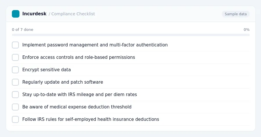 Incurdesk checklist "Compliance Checklist": 0 of 7 steps done, including Implement password management and multi-factor authentication, Enforce access controls and role-based...