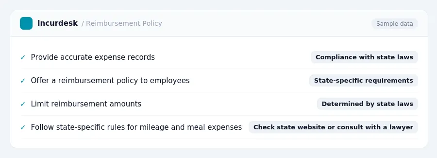 Incurdesk expense policy "Reimbursement Policy" with rules such as Provide accurate expense records (Compliance with state laws); Offer a reimbursement policy to employees...