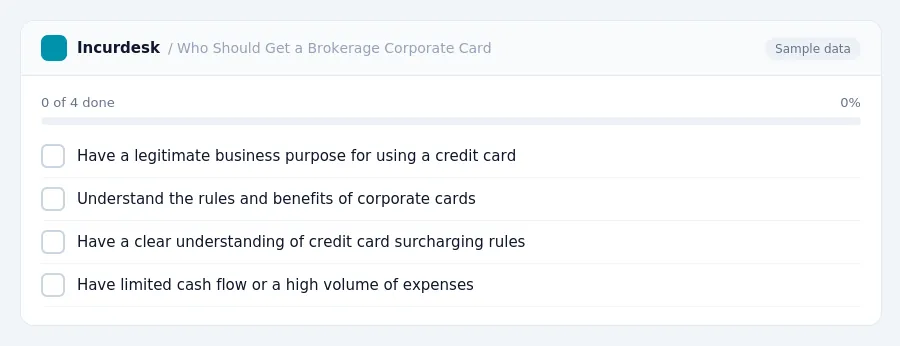 Incurdesk checklist "Who Should Get a Brokerage Corporate Card": 0 of 4 steps done, including Have a legitimate business purpose for using a credit card, Understand the rules...