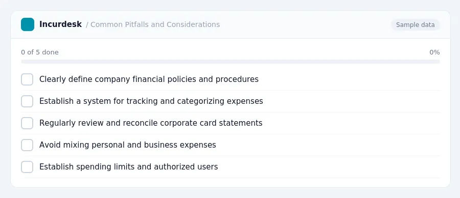 Incurdesk checklist "Common Pitfalls and Considerations": 0 of 5 steps done, including Clearly define company financial policies and procedures, Establish a system for tracking...