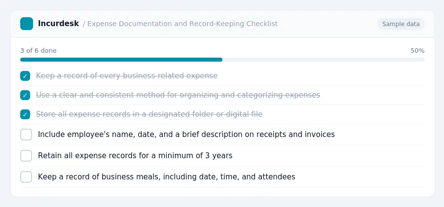 Incurdesk checklist "Expense Documentation and Record-Keeping Checklist": 3 of 6 steps done, including Keep a record of every business-related expense, Use a clear and...