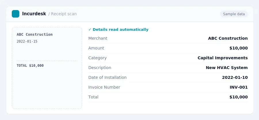 Incurdesk receipt scan of a ABC Construction receipt for $10,000, read automatically and filed under Capital Improvements