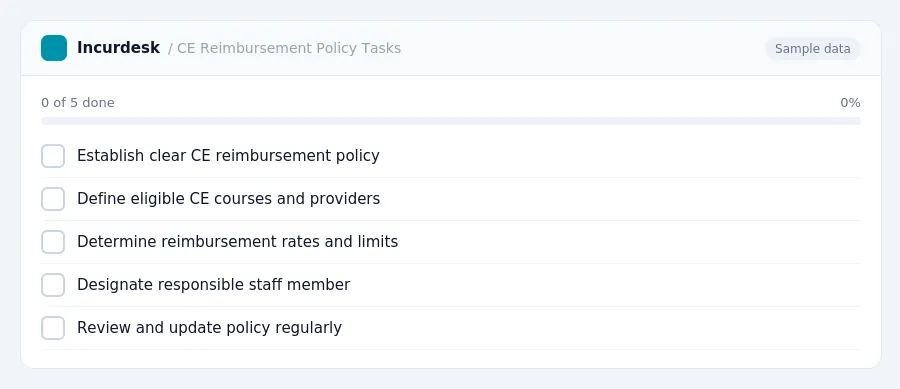 Incurdesk checklist "CE Reimbursement Policy Tasks": 0 of 5 steps done, including Establish clear CE reimbursement policy, Define eligible CE courses and providers, Determine...