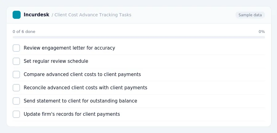 Incurdesk checklist "Client Cost Advance Tracking Tasks": 0 of 6 steps done, including Review engagement letter for accuracy, Set regular review schedule, Compare advanced...