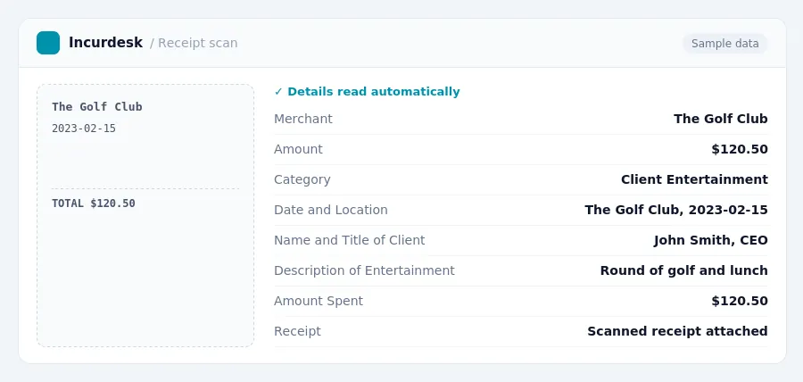 Incurdesk receipt scan of a The Golf Club receipt for $120.50, read automatically and filed under Client Entertainment