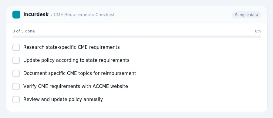 Incurdesk checklist "CME Requirements Checklist": 0 of 5 steps done, including Research state-specific CME requirements, Update policy according to state requirements, Document...