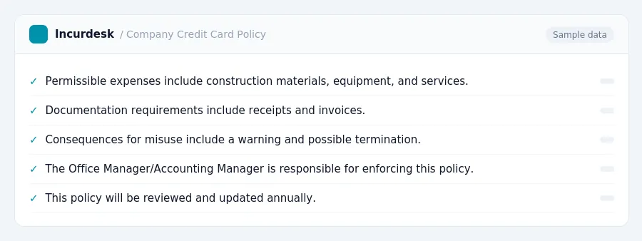 Incurdesk expense policy "Company Credit Card Policy" with rules such as Permissible expenses include construction materials, equipment, and services. (None); Documentation...