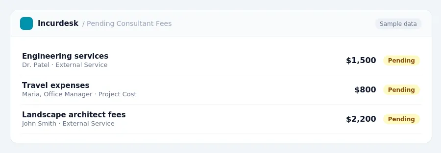 Incurdesk approval queue "Pending Consultant Fees" showing 3 expenses awaiting review, including Engineering services (Pending), Travel expenses (Pending), Landscape architect...