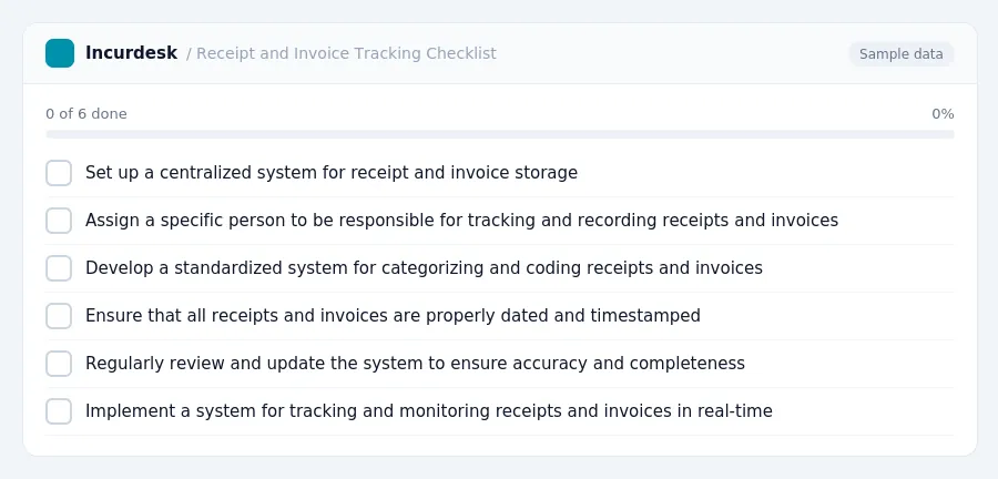 Incurdesk checklist "Receipt and Invoice Tracking Checklist": 0 of 6 steps done, including Set up a centralized system for receipt and invoice storage, Assign a specific person...
