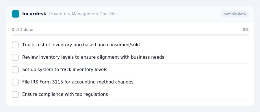 Incurdesk checklist "Inventory Management Checklist": 0 of 5 steps done, including Track cost of inventory purchased and consumed/sold, Review inventory levels to ensure...