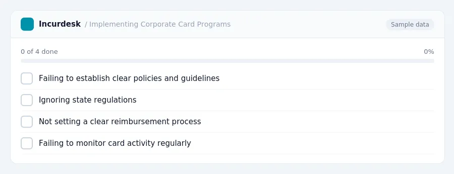Incurdesk checklist "Implementing Corporate Card Programs": 0 of 4 steps done, including Failing to establish clear policies and guidelines, Ignoring state regulations, Not...