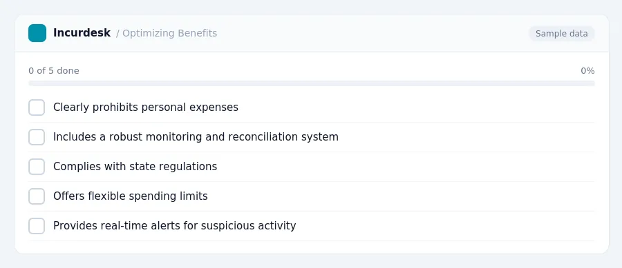 Incurdesk checklist "Optimizing Benefits": 0 of 5 steps done, including Clearly prohibits personal expenses, Includes a robust monitoring and reconciliation system, Complies...
