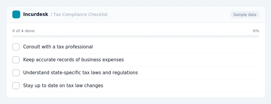 Incurdesk checklist "Tax Compliance Checklist": 0 of 4 steps done, including Consult with a tax professional, Keep accurate records of business expenses, Understand...
