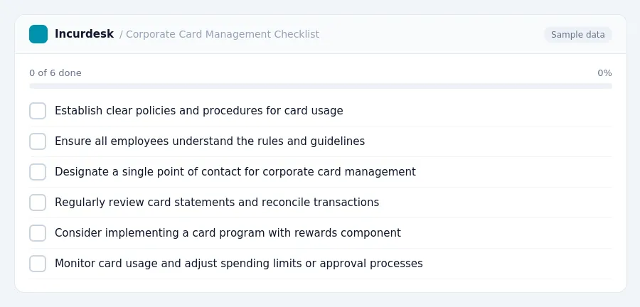 Incurdesk checklist "Corporate Card Management Checklist": 0 of 6 steps done, including Establish clear policies and procedures for card usage, Ensure all employees understand...