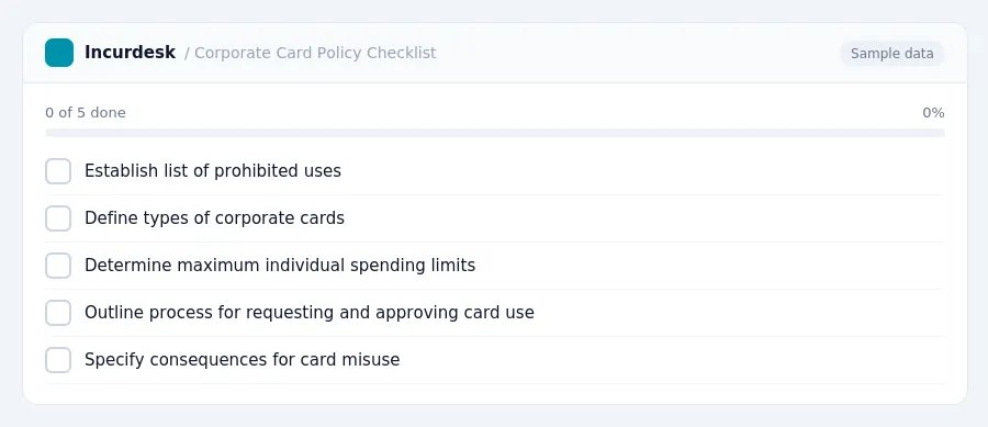Incurdesk checklist "Corporate Card Policy Checklist": 0 of 5 steps done, including Establish list of prohibited uses, Define types of corporate cards, Determine maximum...