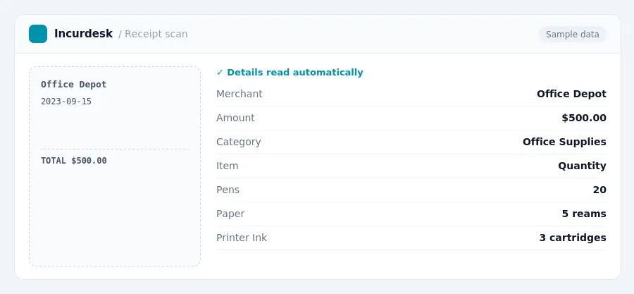 Incurdesk receipt scan of a Office Depot receipt for $500.00, read automatically and filed under Office Supplies
