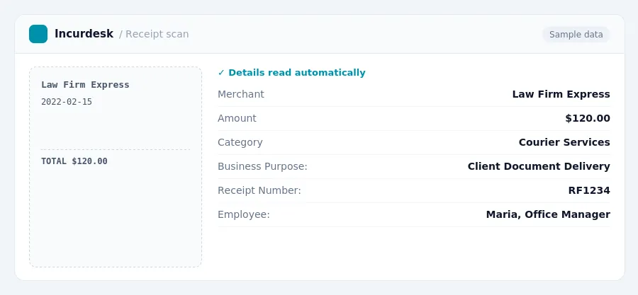 Incurdesk receipt scan of a Law Firm Express receipt for $120.00, read automatically and filed under Courier Services