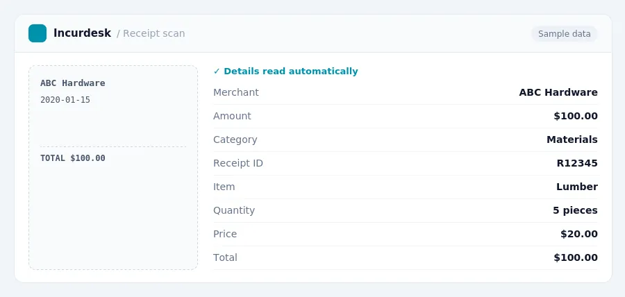Incurdesk receipt scan of a ABC Hardware receipt for $100.00, read automatically and filed under Materials