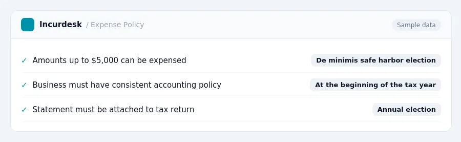 Incurdesk expense policy "Expense Policy" with rules such as Amounts up to $5,000 can be expensed (De minimis safe harbor election); Business must have consistent accounting...