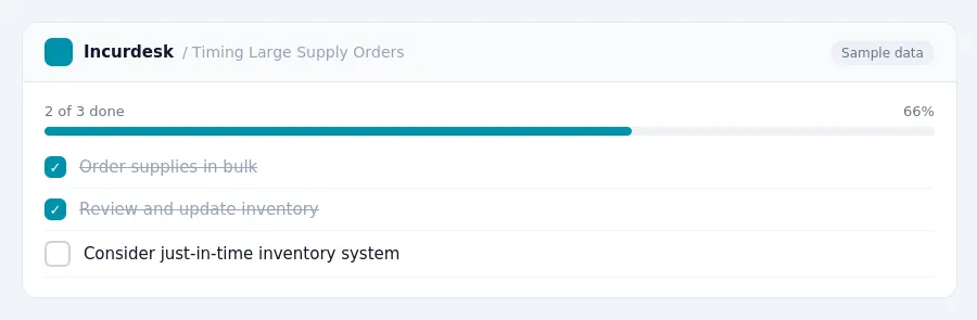 Incurdesk checklist "Timing Large Supply Orders": 2 of 3 steps done, including Order supplies in bulk, Review and update inventory, Consider just-in-time inventory system