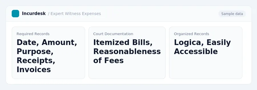 Incurdesk dashboard "Expert Witness Expenses" showing Required Records: Date, Amount, Purpose, Receipts, Invoices, Court Documentation: Itemized Bills, Reasonableness of Fees,...