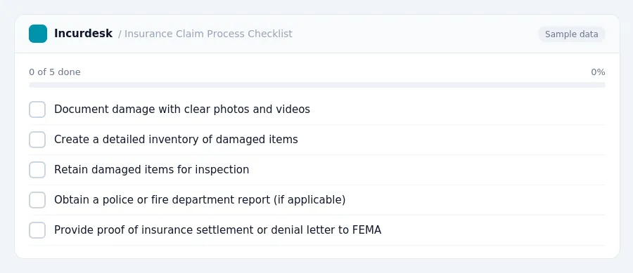 Incurdesk checklist "Insurance Claim Process Checklist": 0 of 5 steps done, including Document damage with clear photos and videos, Create a detailed inventory of damaged...