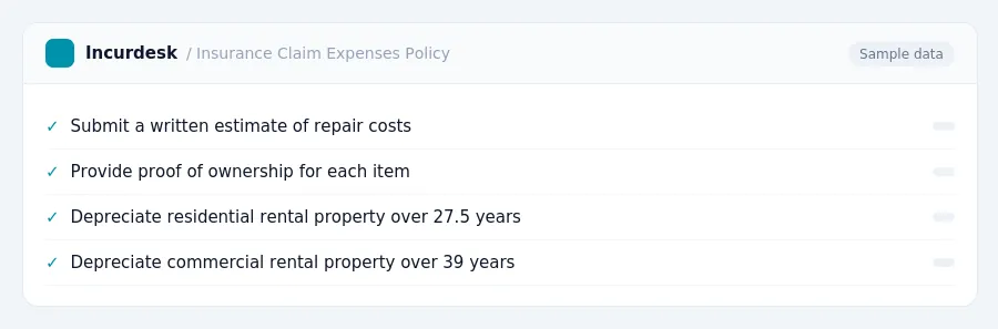 Incurdesk expense policy "Insurance Claim Expenses Policy" with rules such as Submit a written estimate of repair costs (None); Provide proof of ownership for each item (None)
