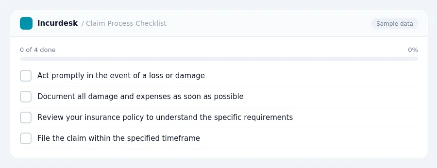 Incurdesk checklist "Claim Process Checklist": 0 of 4 steps done, including Act promptly in the event of a loss or damage, Document all damage and expenses as soon as possible,...