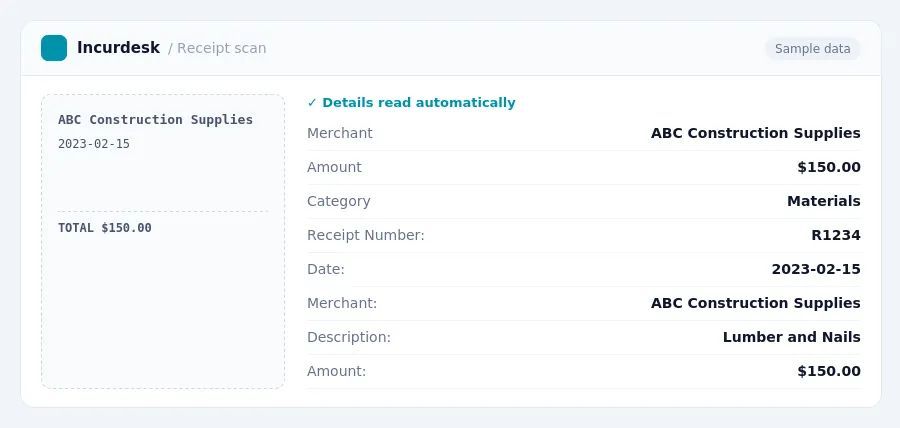 Incurdesk receipt scan of a ABC Construction Supplies receipt for $150.00, read automatically and filed under Materials