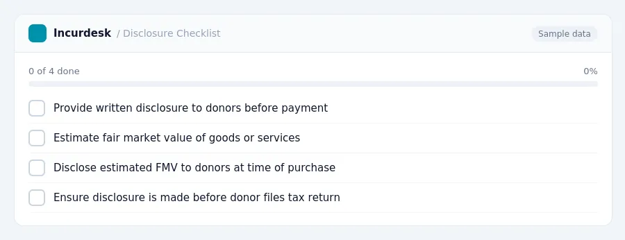 Incurdesk checklist "Disclosure Checklist": 0 of 4 steps done, including Provide written disclosure to donors before payment, Estimate fair market value of goods or services,...
