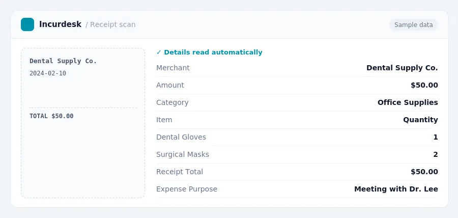 Incurdesk receipt scan of a Dental Supply Co. receipt for $50.00, read automatically and filed under Office Supplies
