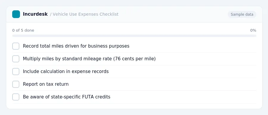 Incurdesk checklist "Vehicle Use Expenses Checklist": 0 of 5 steps done, including Record total miles driven for business purposes, Multiply miles by standard mileage rate (76...