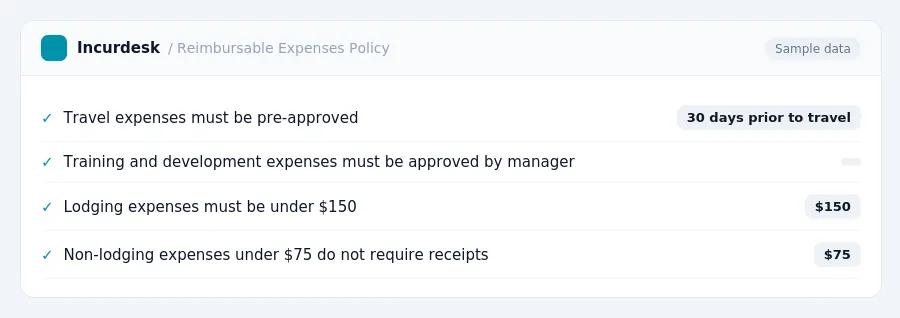 Incurdesk expense policy "Reimbursable Expenses Policy" with rules such as Travel expenses must be pre-approved (30 days prior to travel); Training and development expenses...