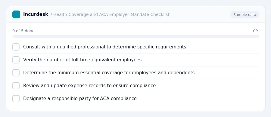 Incurdesk checklist "Health Coverage and ACA Employer Mandate Checklist": 0 of 5 steps done, including Consult with a qualified professional to determine specific requirements,...