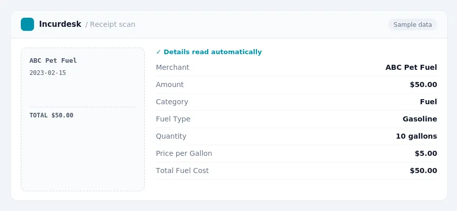 Incurdesk receipt scan of a ABC Pet Fuel receipt for $50.00, read automatically and filed under Fuel