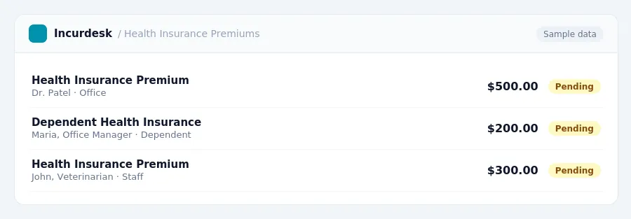 Incurdesk approval queue "Health Insurance Premiums" showing 3 expenses awaiting review, including Health Insurance Premium (Pending), Dependent Health Insurance (Pending),...