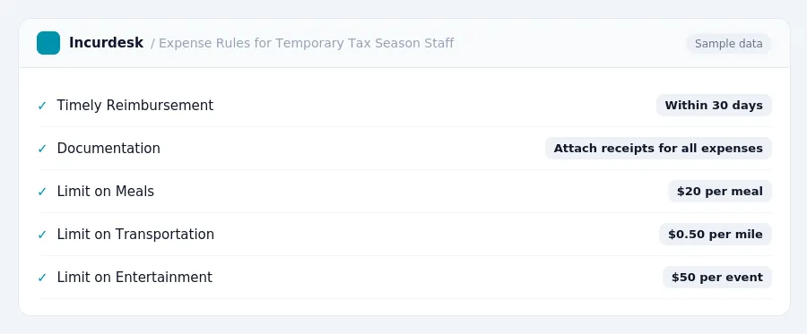 Incurdesk expense policy "Expense Rules for Temporary Tax Season Staff" with rules such as Timely Reimbursement (Within 30 days); Documentation (Attach receipts for all expenses)