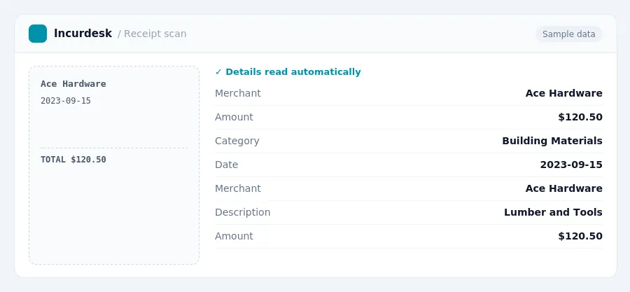 Incurdesk receipt scan of a Ace Hardware receipt for $120.50, read automatically and filed under Building Materials