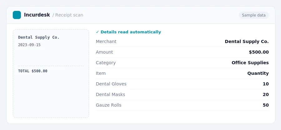 Incurdesk receipt scan of a Dental Supply Co. receipt for $500.00, read automatically and filed under Office Supplies