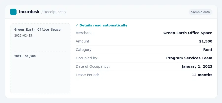 Incurdesk receipt scan of a Green Earth Office Space receipt for $1,500, read automatically and filed under Rent