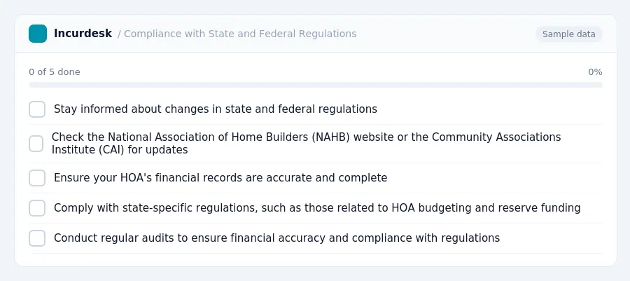 Incurdesk checklist "Compliance with State and Federal Regulations": 0 of 5 steps done, including Stay informed about changes in state and federal regulations, Check the...