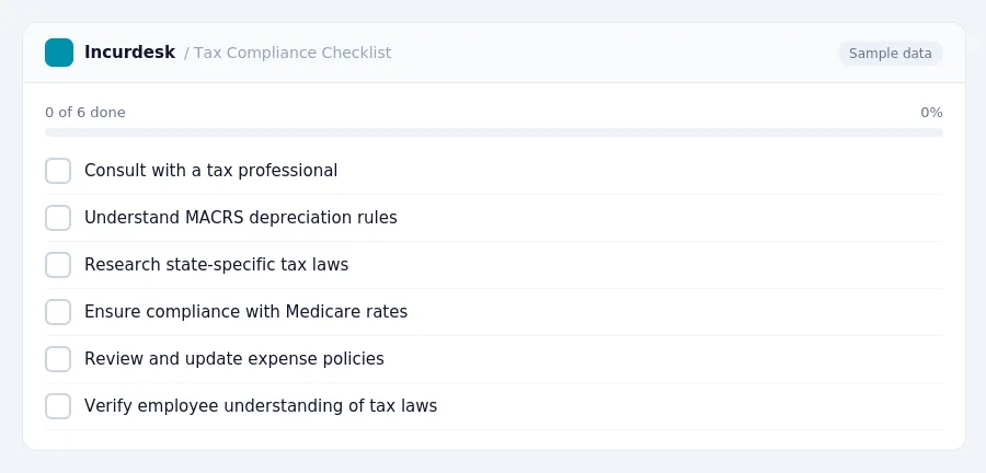 Incurdesk checklist "Tax Compliance Checklist": 0 of 6 steps done, including Consult with a tax professional, Understand MACRS depreciation rules, Research state-specific tax laws