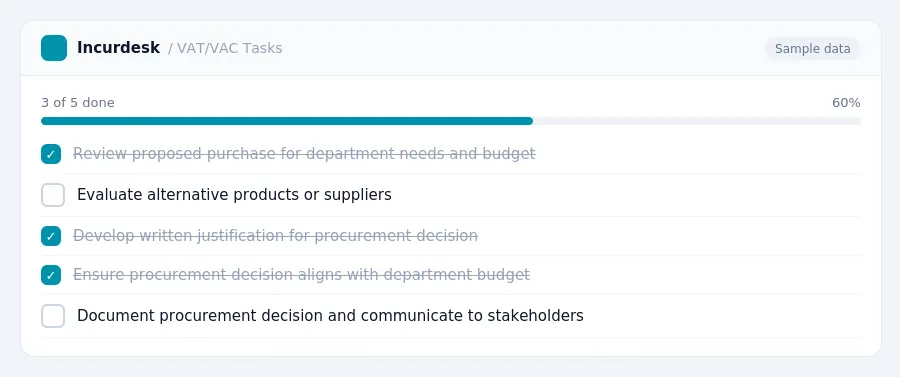 Incurdesk checklist "VAT/VAC Tasks": 3 of 5 steps done, including Review proposed purchase for department needs and budget, Evaluate alternative products or suppliers, Develop...