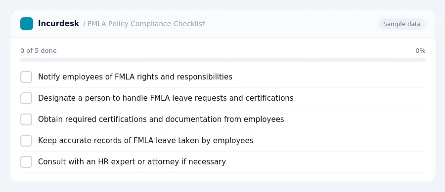 Incurdesk checklist "FMLA Policy Compliance Checklist": 0 of 5 steps done, including Notify employees of FMLA rights and responsibilities, Designate a person to handle FMLA...