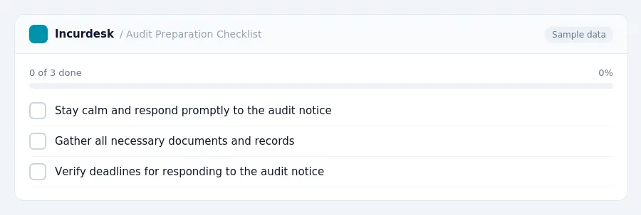 Incurdesk checklist "Audit Preparation Checklist": 0 of 3 steps done, including Stay calm and respond promptly to the audit notice, Gather all necessary documents and records,...