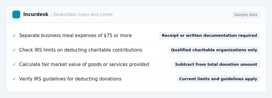 Incurdesk expense policy "Deductible Costs and Limits" with rules such as Separate business meal expenses of $75 or more (Receipt or written documentation required); Check IRS...